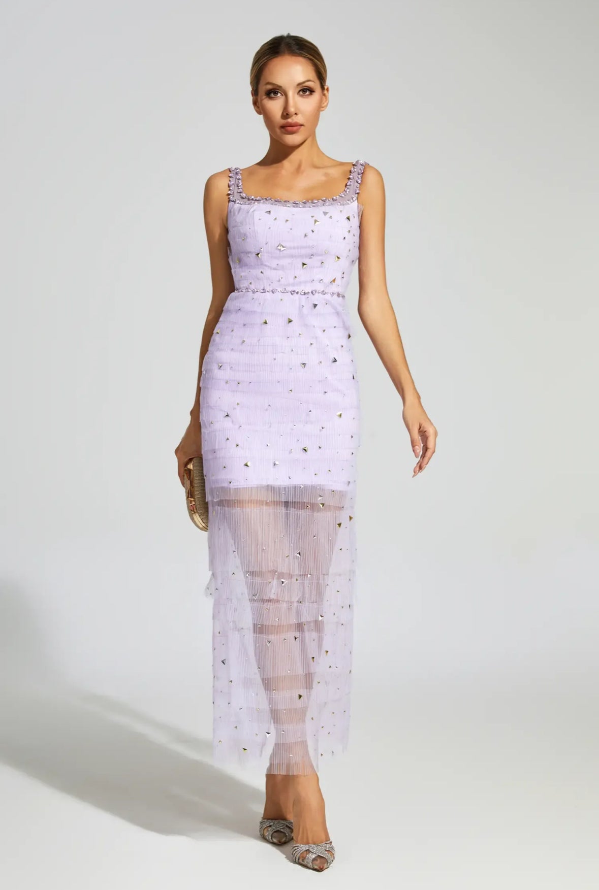 Purple mesh crystal midi dress size S