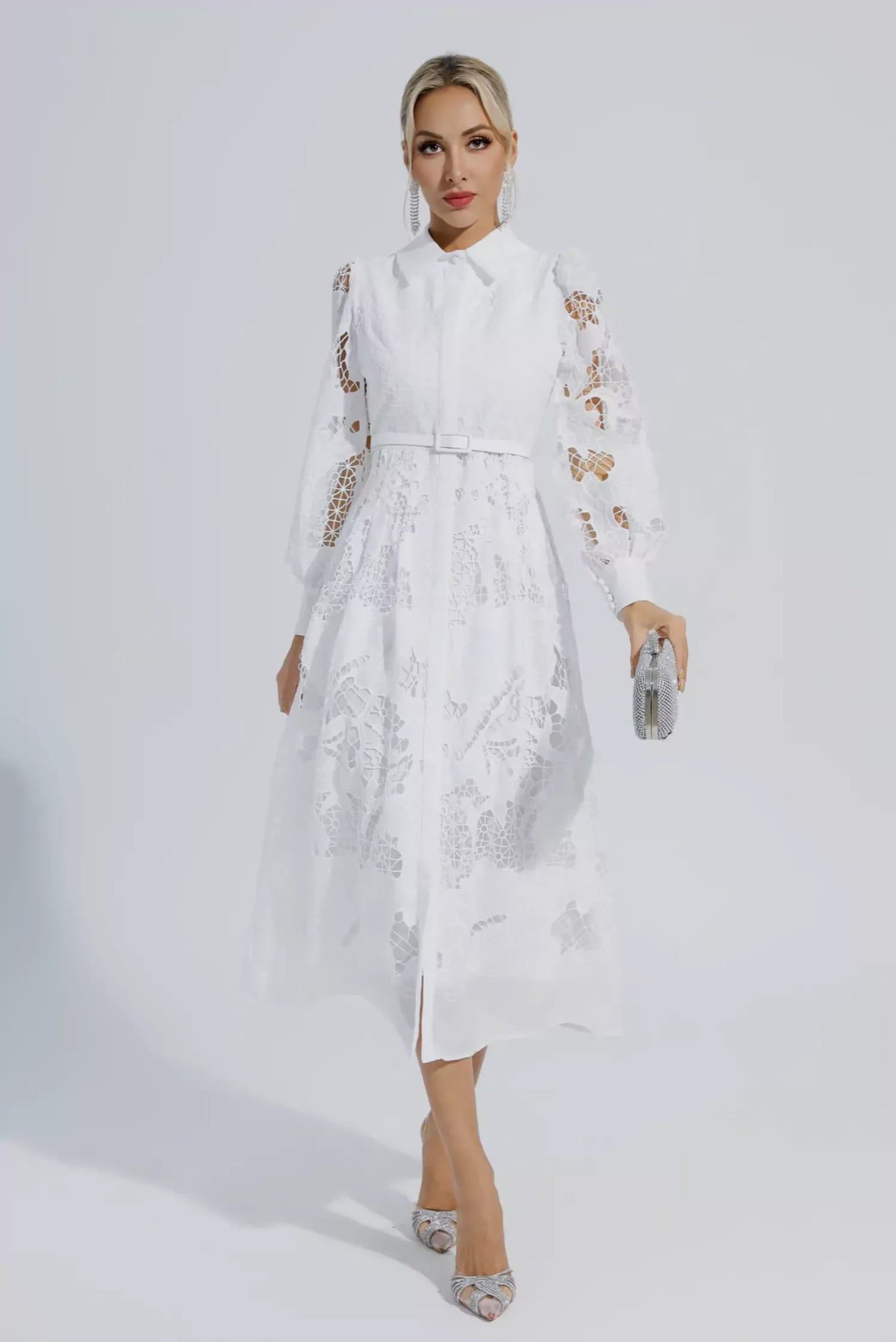 White belted lace midi dress