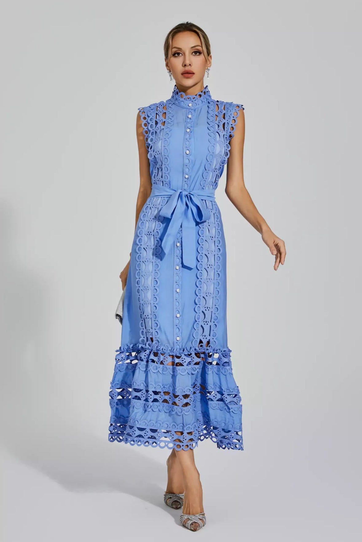Blue hollow lace maxi dress