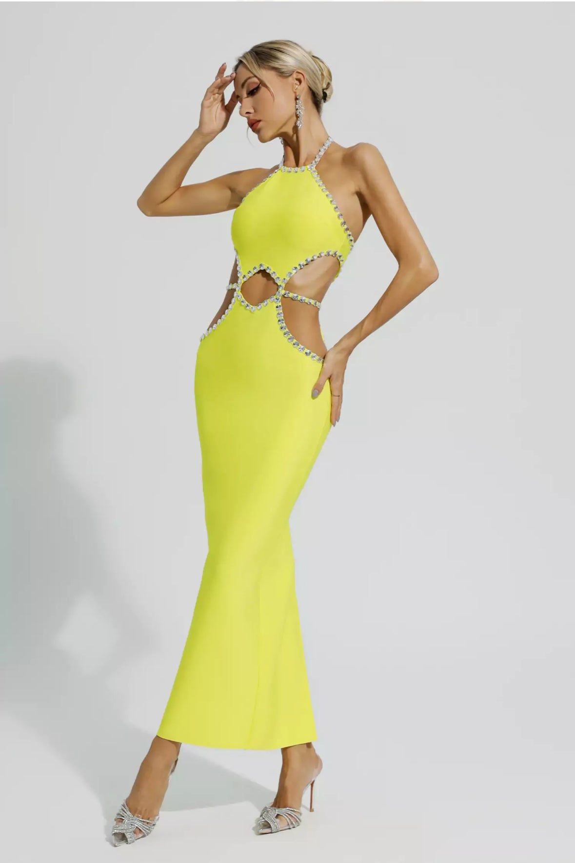 Yellow cutout rhinestone  maxi dress
