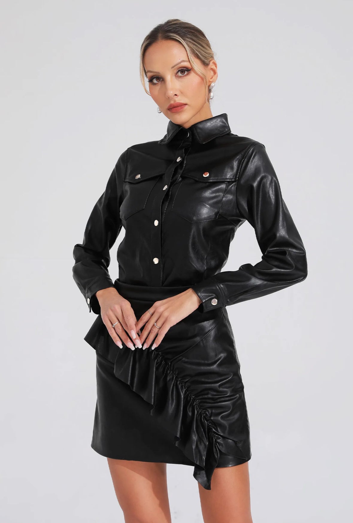 Black leather shirt & skirt set