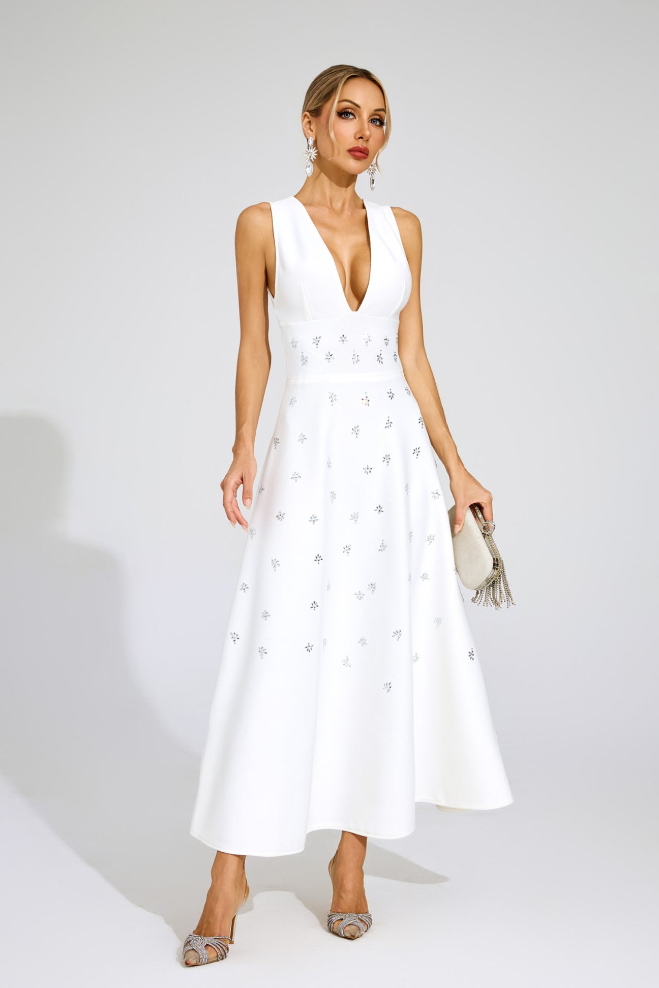 Céleste White Crystal Embellished Gown