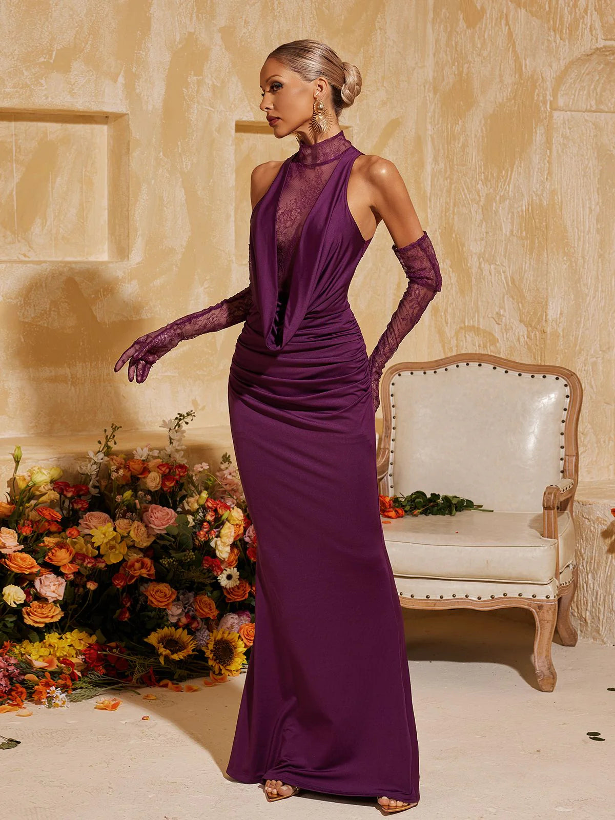 Viola Lace-Panel Evening Gown