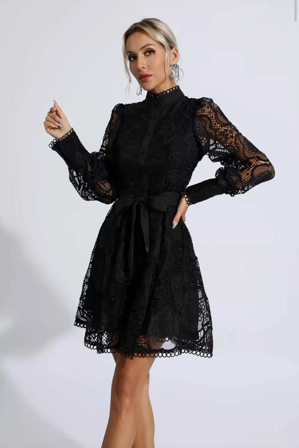 Floral lace tied black  mini dress