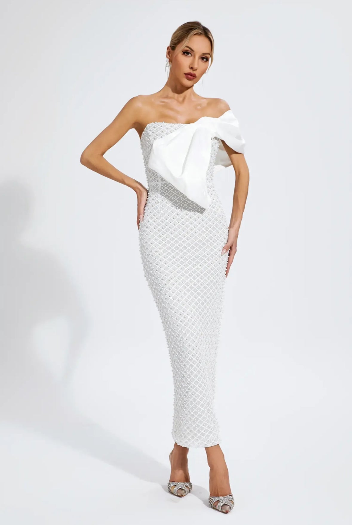 Pearls one shoulder maxi dress