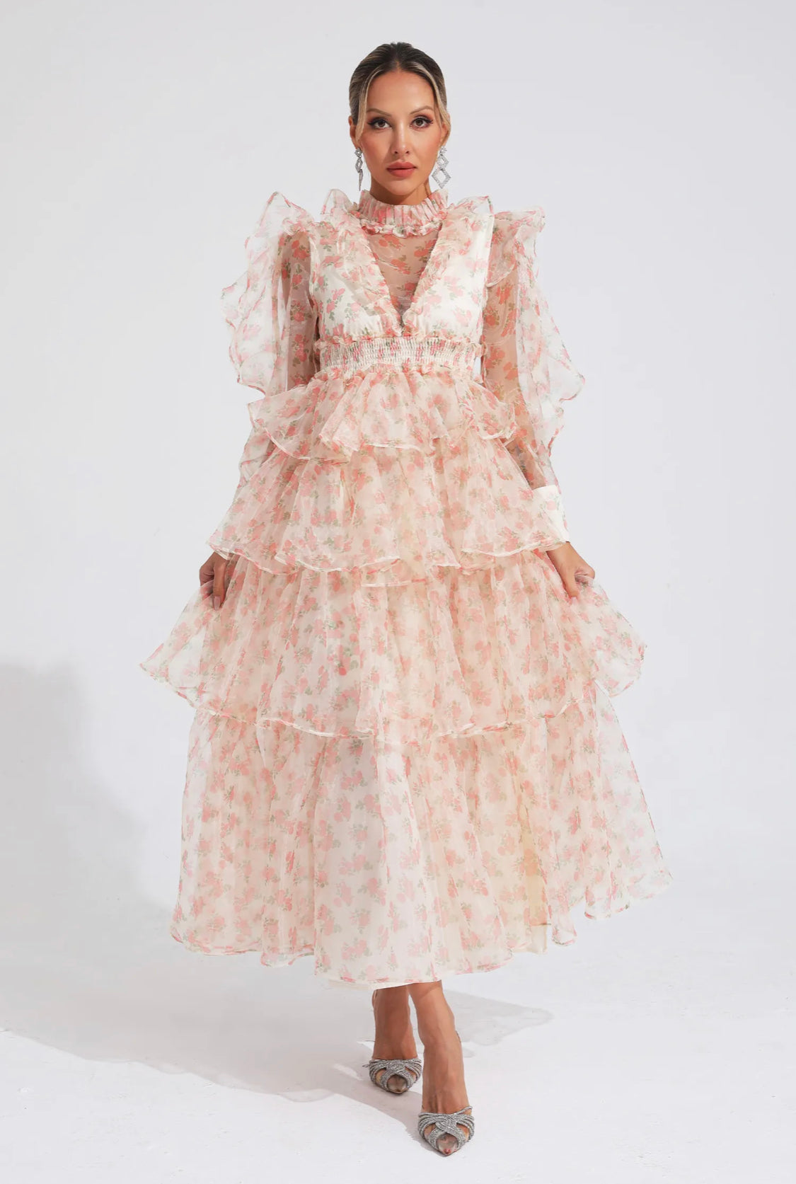 Floral mesh pink midi dress