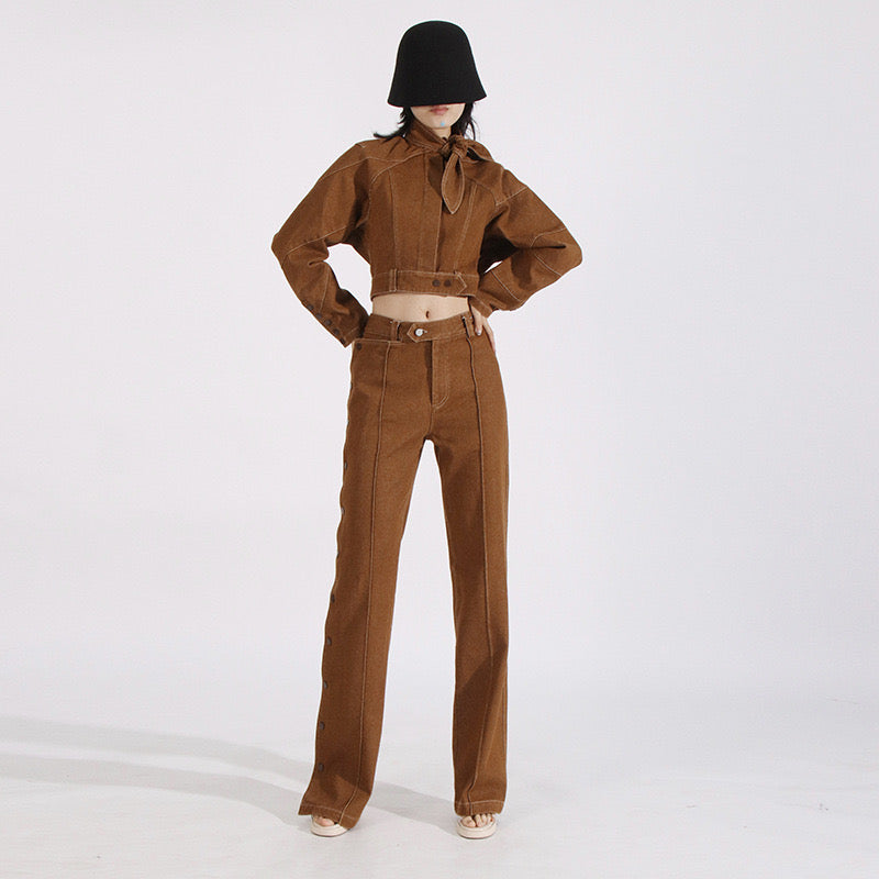Brown denim side button set