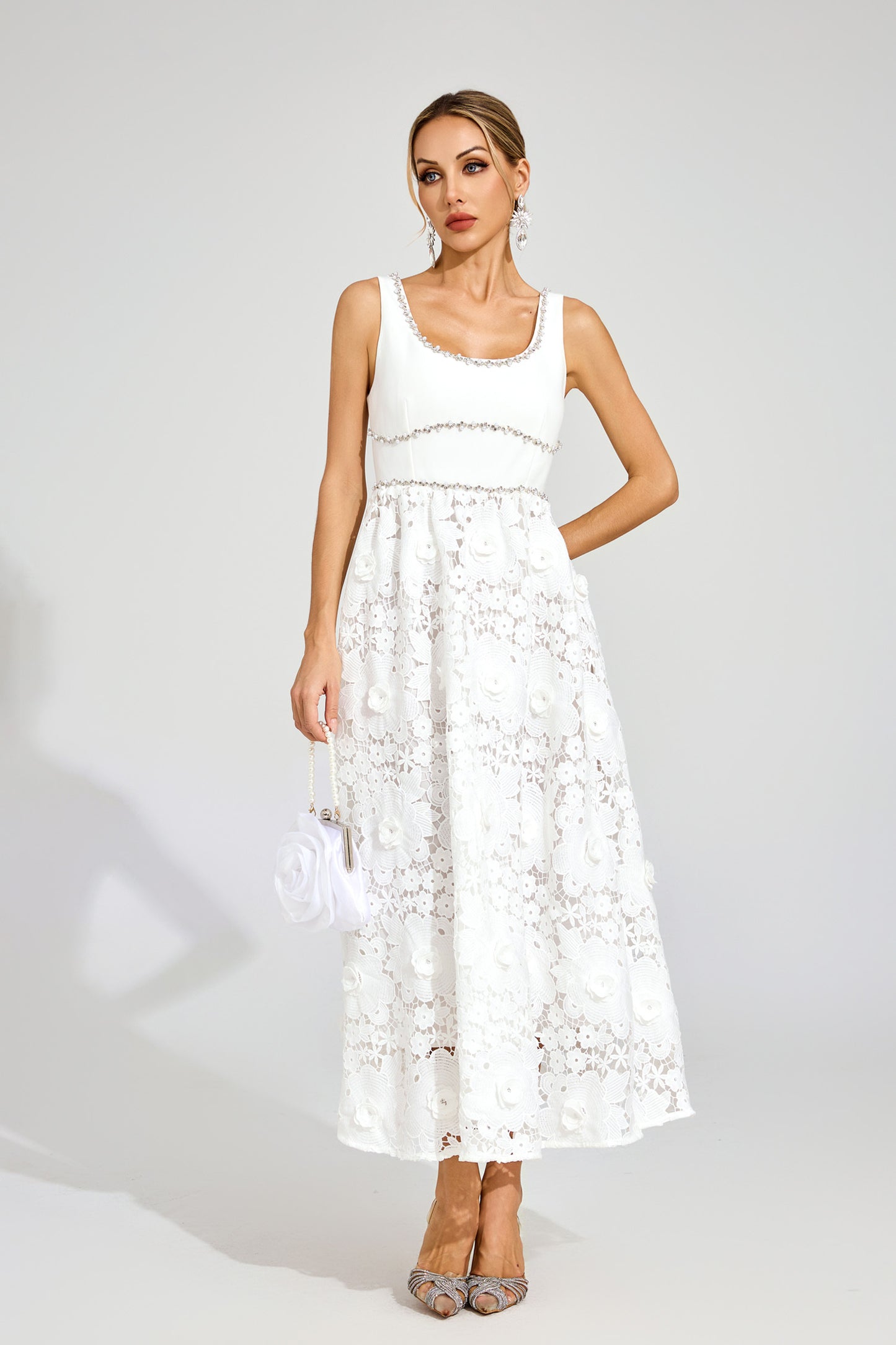Livia Flower Embroidered Crystal Midi Dress