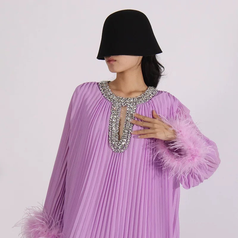 Crystal & feathers embellished purple maxi dress