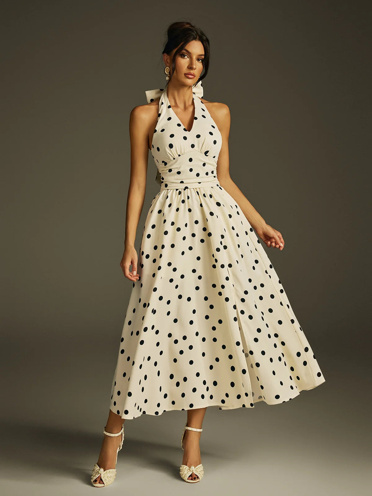 Colette Polka Bow Halter Midi Dress