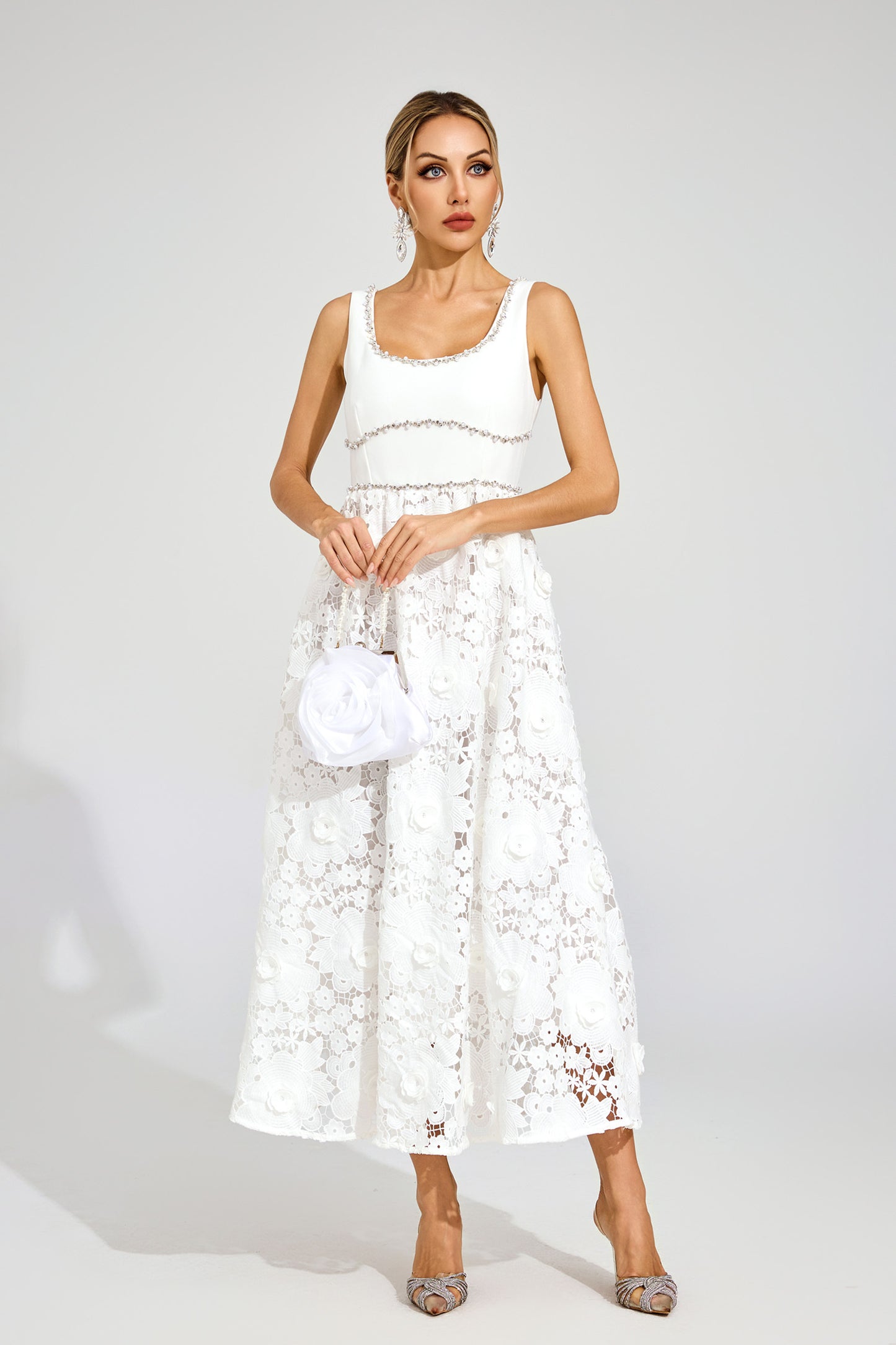 Livia Flower Embroidered Crystal Midi Dress
