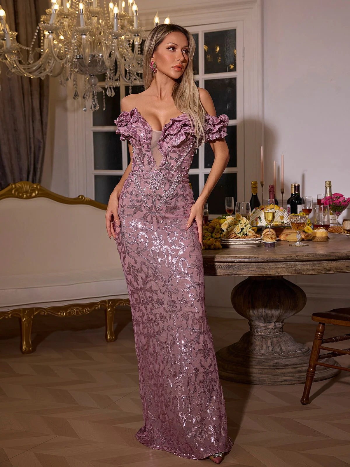 Off shoulder sequin ruffle maxi dress