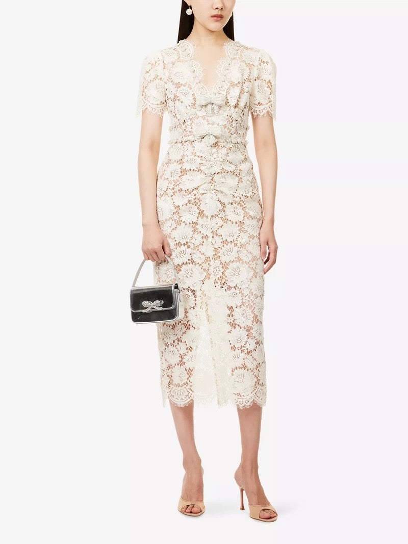 Celeste Ruched Lace Midi Dress