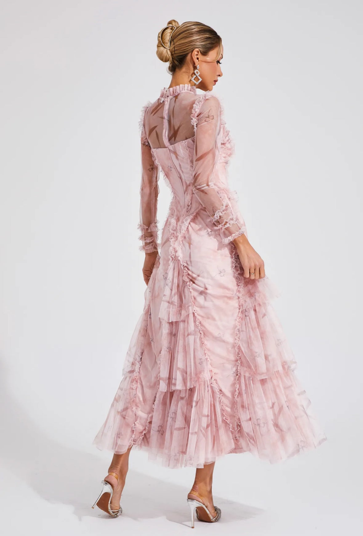 Pink mesh ruched maxi dress
