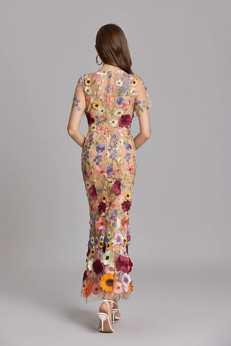 Soleil Bloom Flower Embroidered Midi Dress
