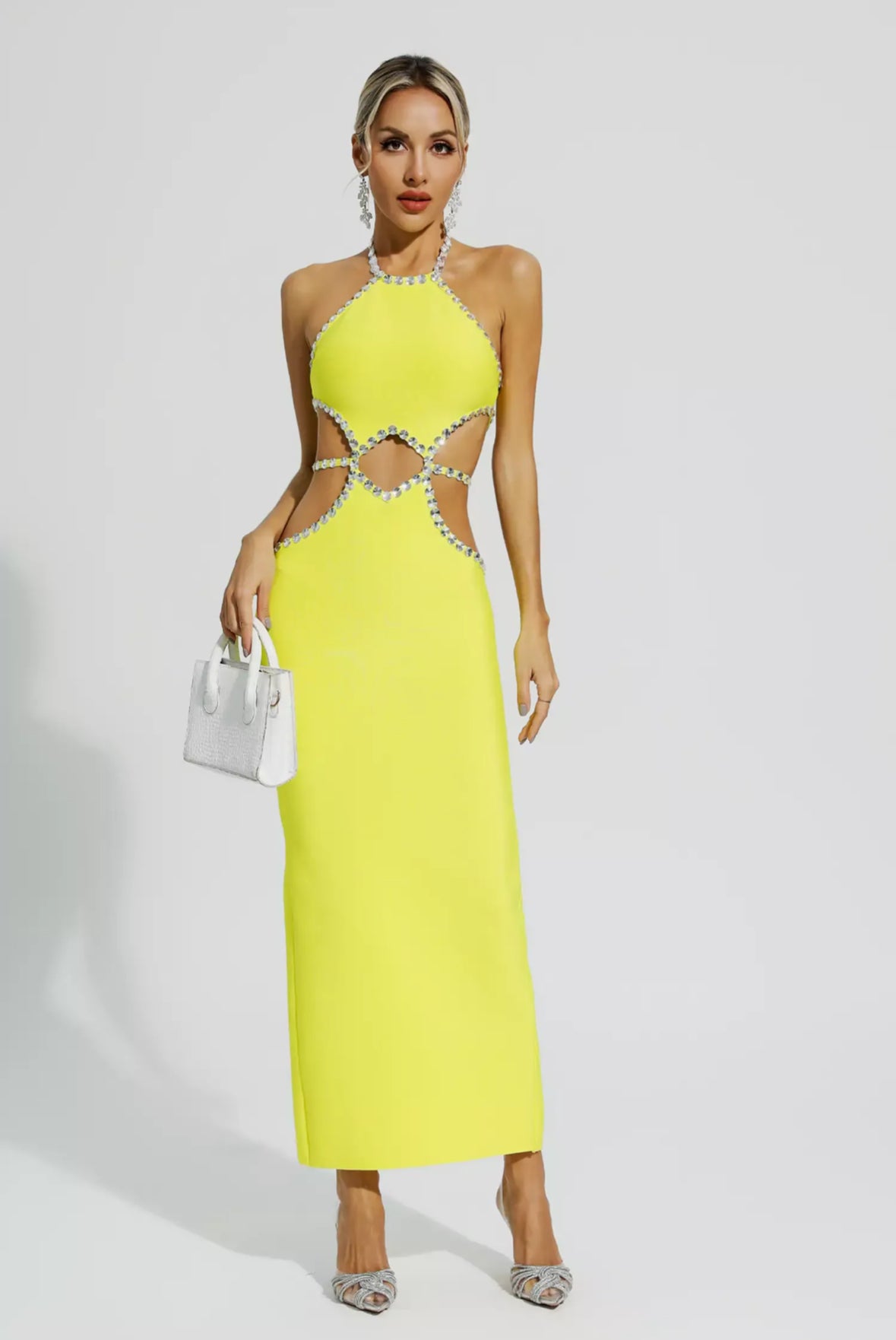 Yellow cutout rhinestone  maxi dress