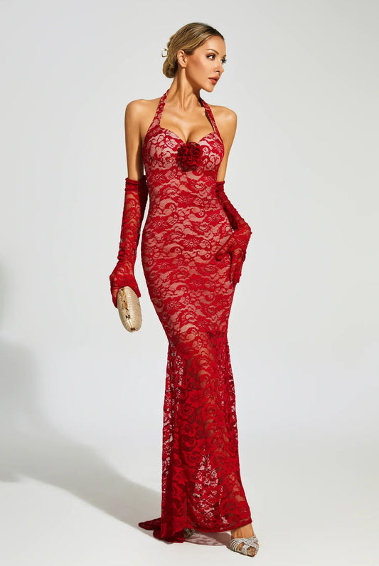 Red lace flower maxi dress