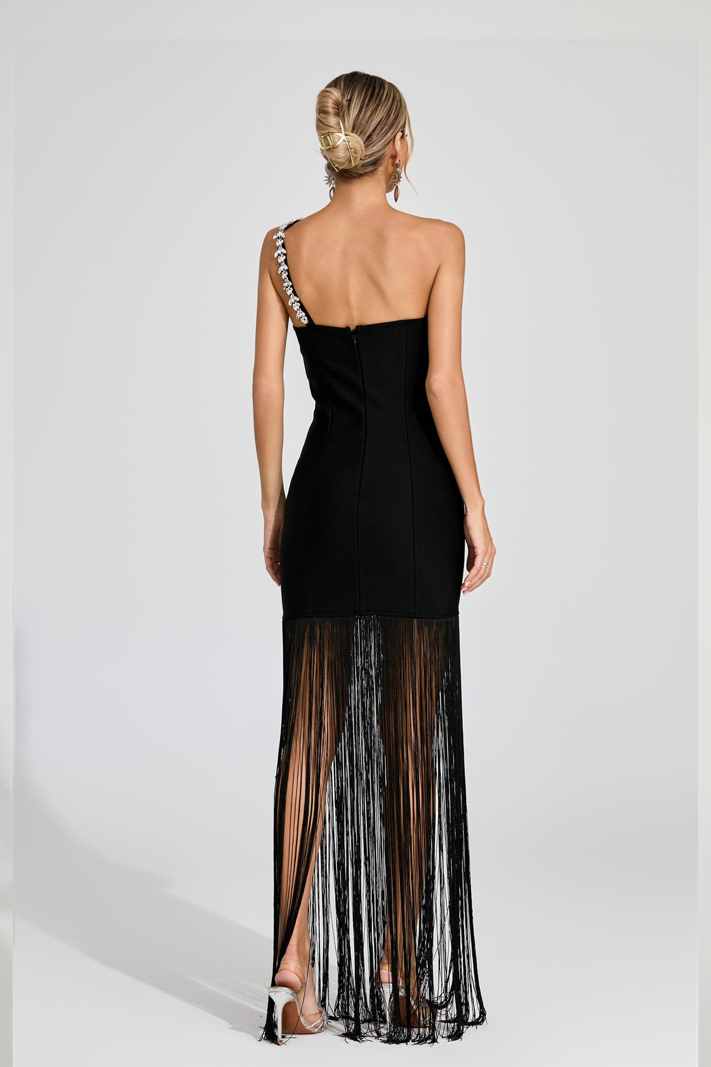 Cassia Crystal Strap Fringe Gown