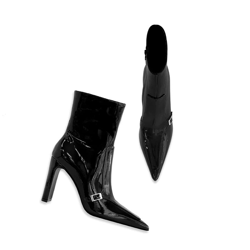 Vega Patent Buckle Boots – Glossy Block Heel
