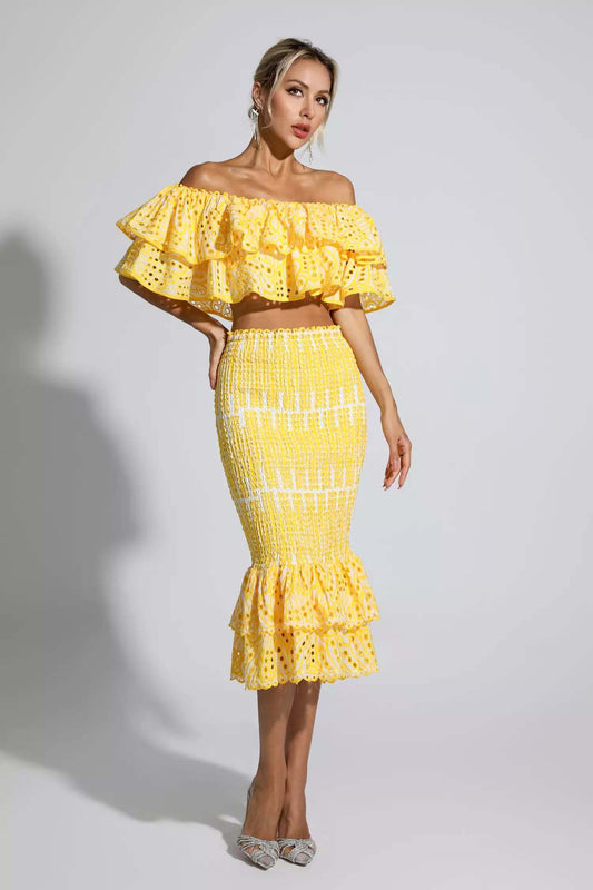 Winnie off shoulder ruffle skirt set-Yellow