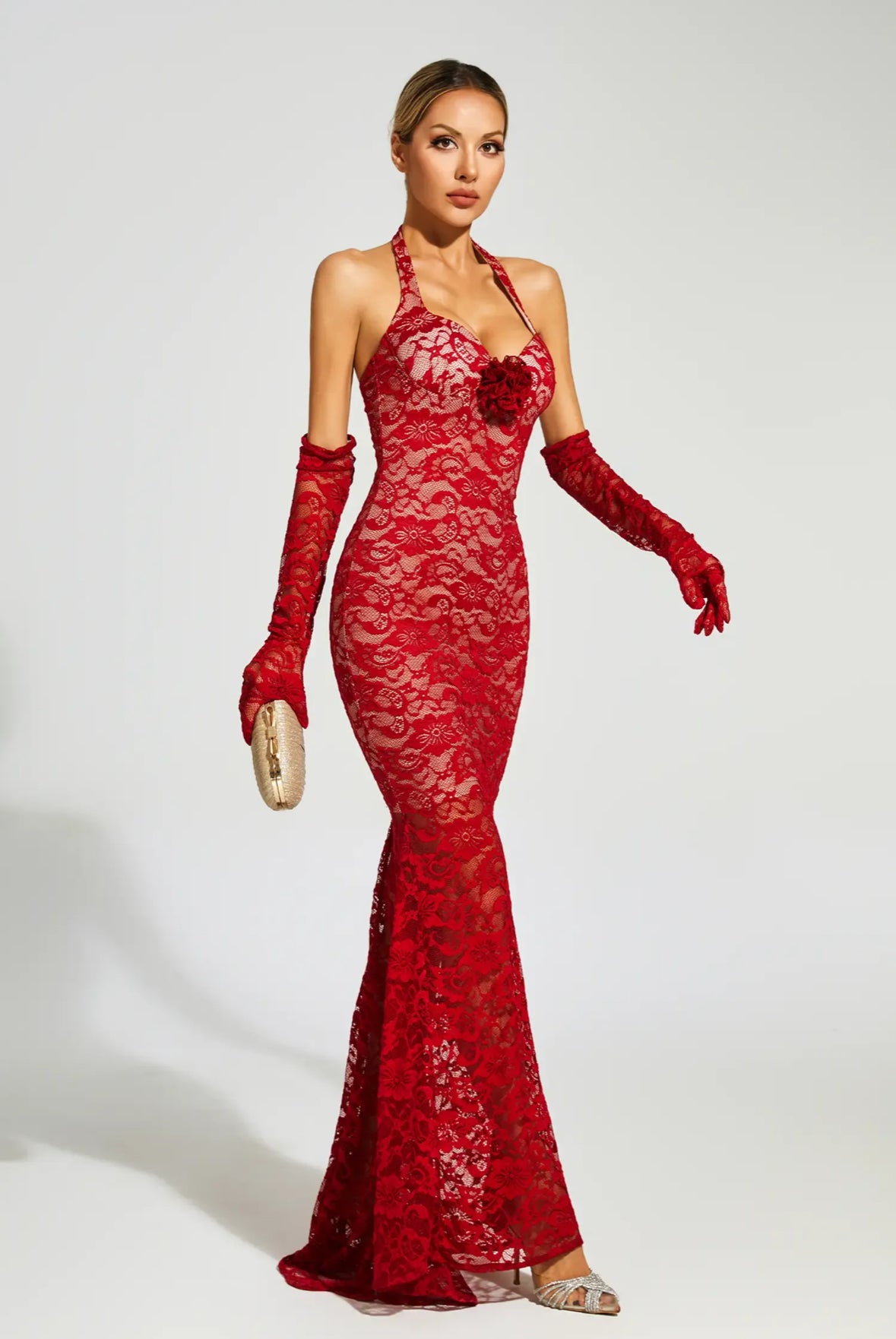 Red lace flower maxi dress