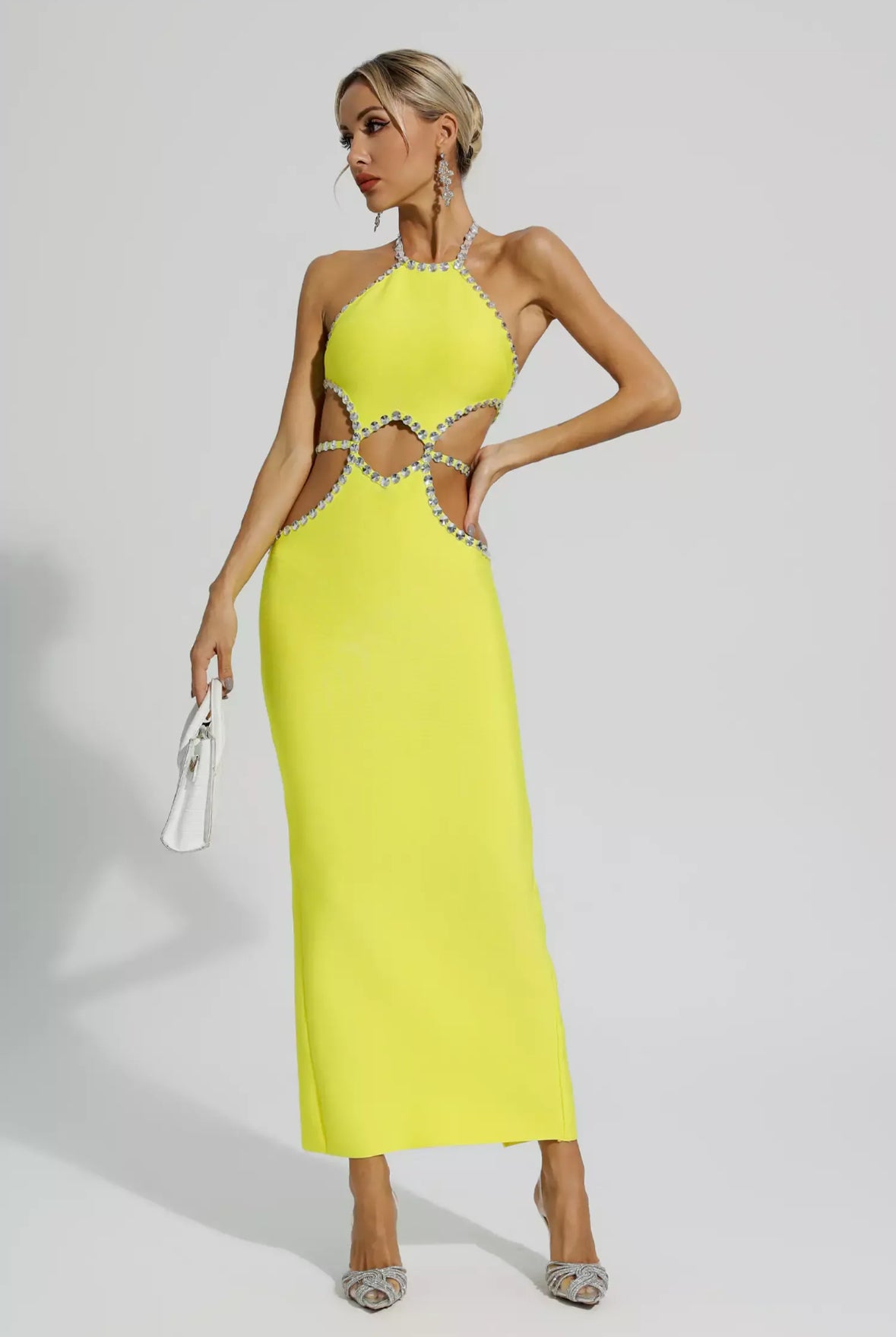 Yellow cutout rhinestone  maxi dress