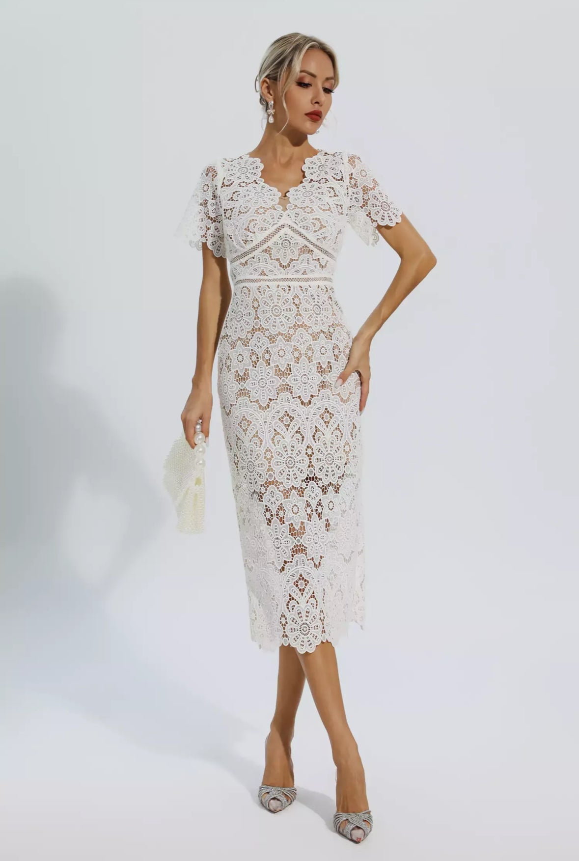 White lace cutout midi dress