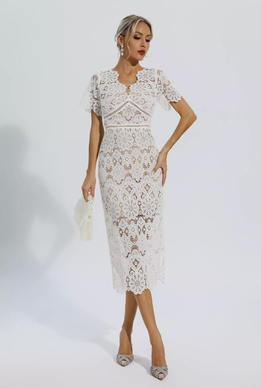 White lace cutout midi dress