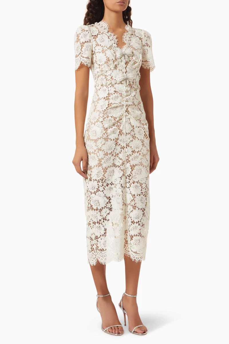 Celeste Ruched Lace Midi Dress
