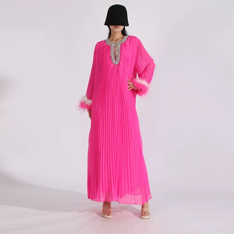 Crystal & feathers embellished pink maxi dress
