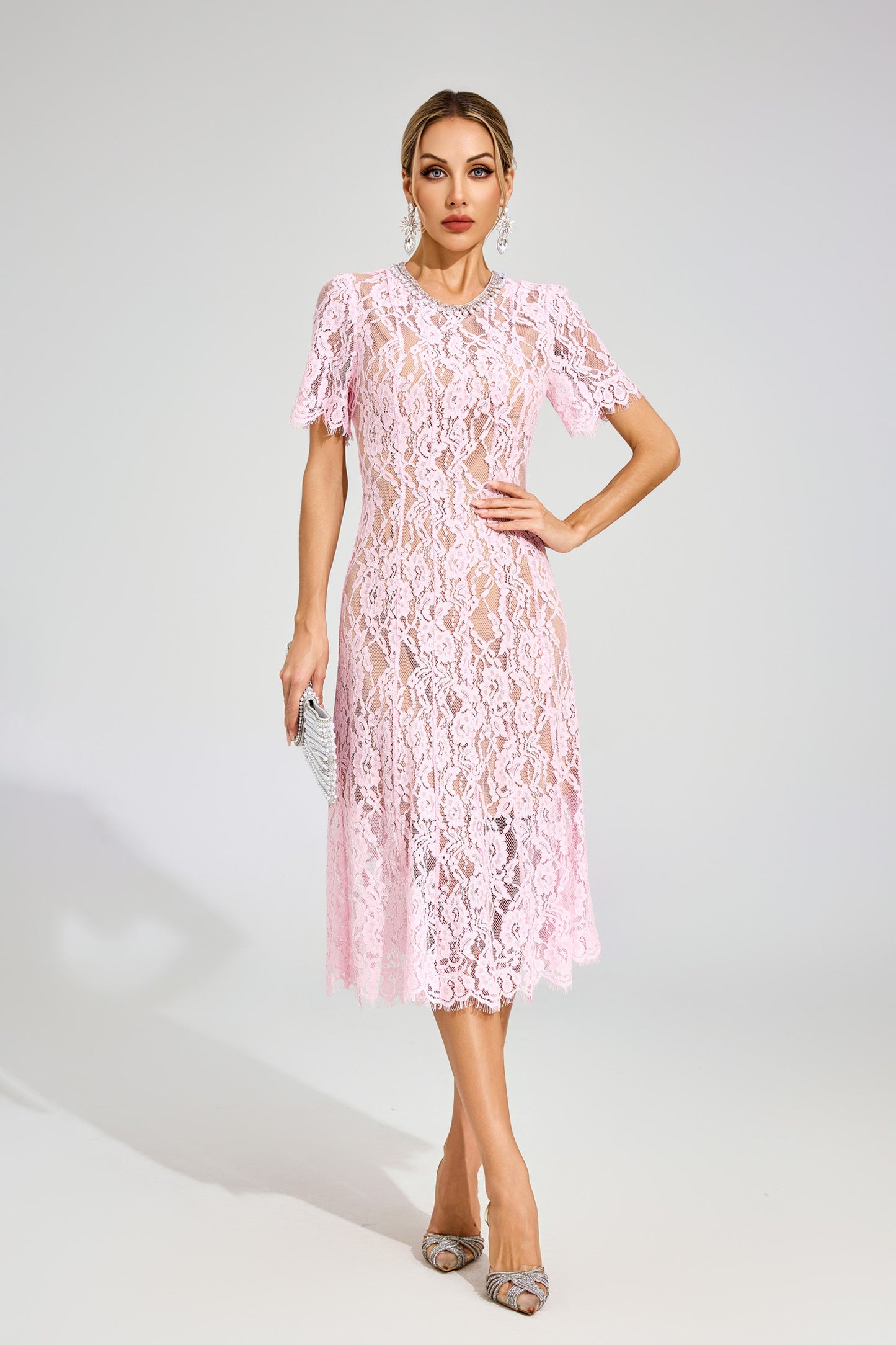 Jolie Sheer Pink Lace Midi Dress