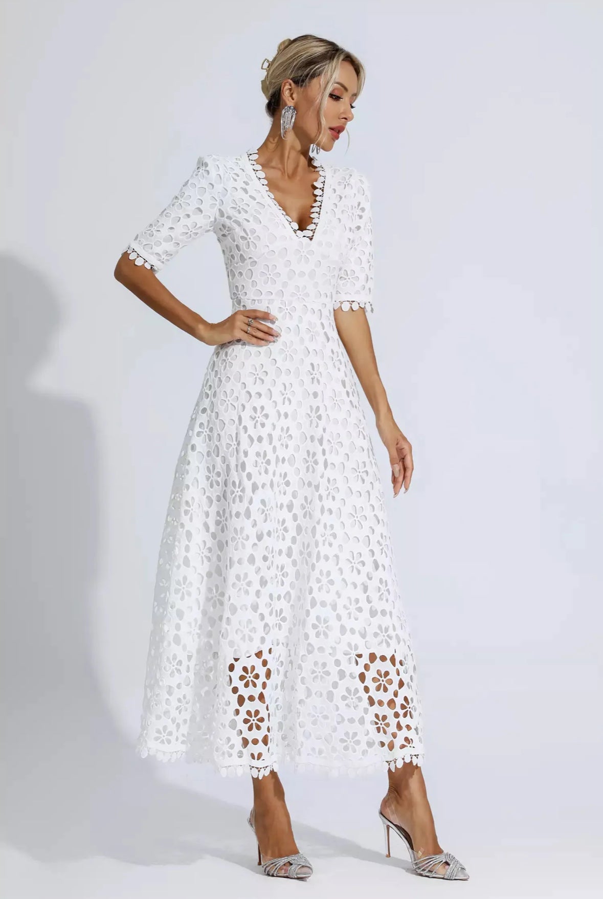 White floral lace maxi dress