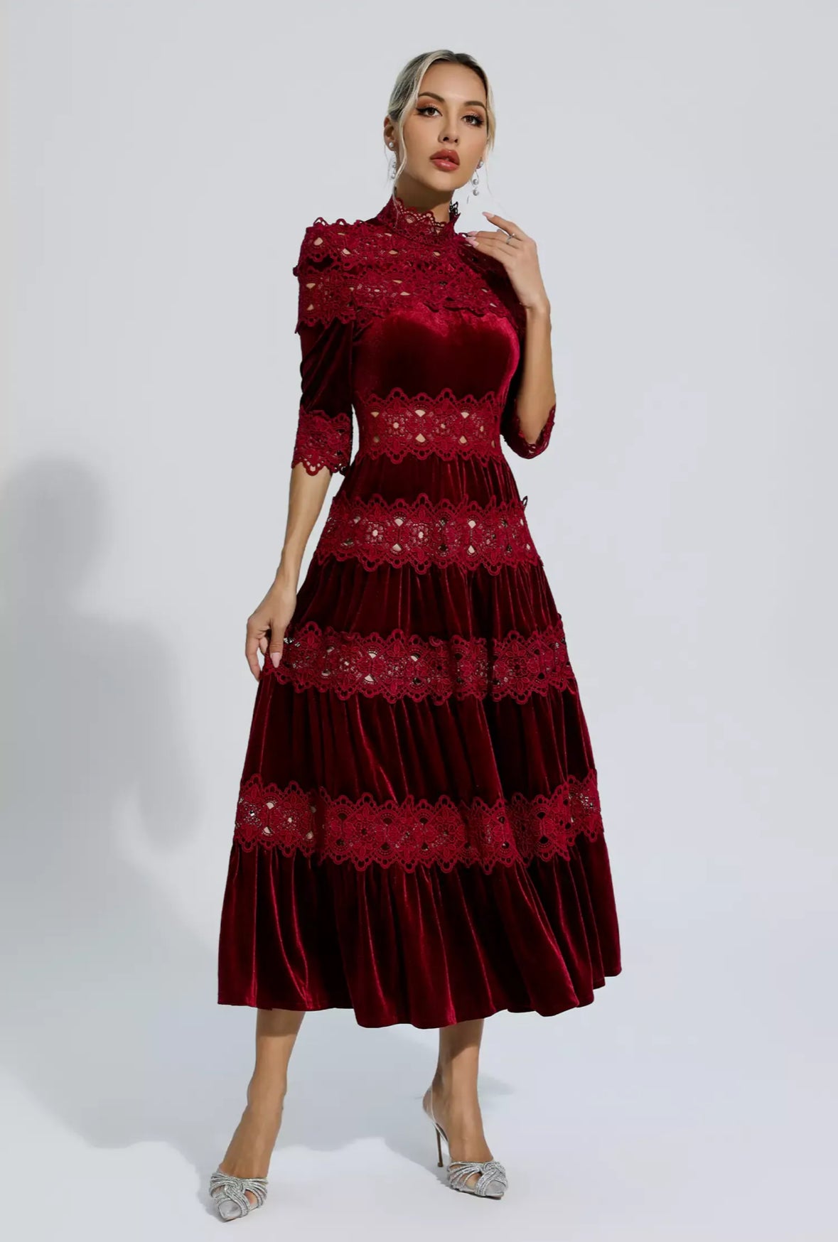 Red velvet flare maxi dress