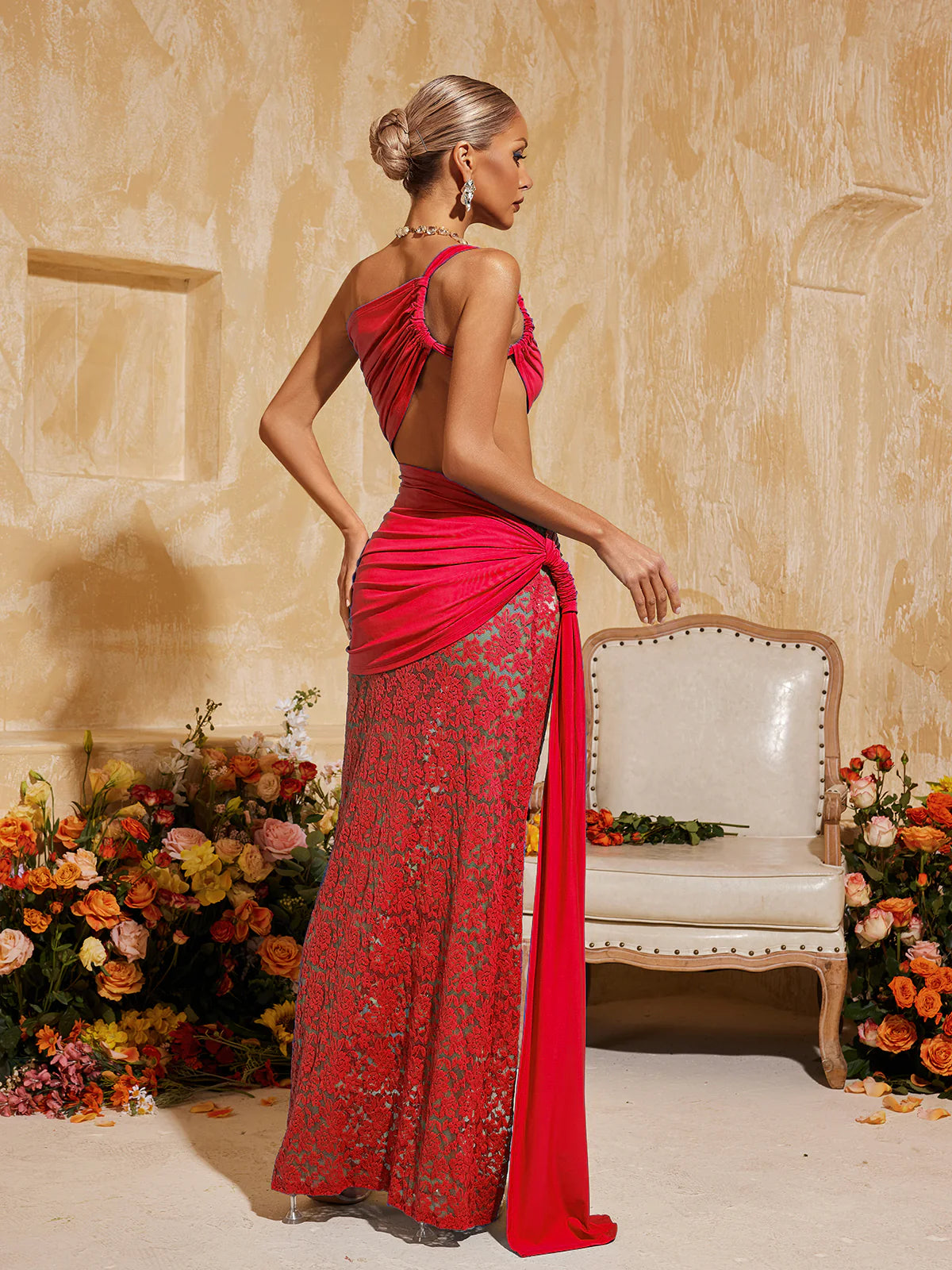 Zahra One-Shoulder Cutout Lace maxi Dress