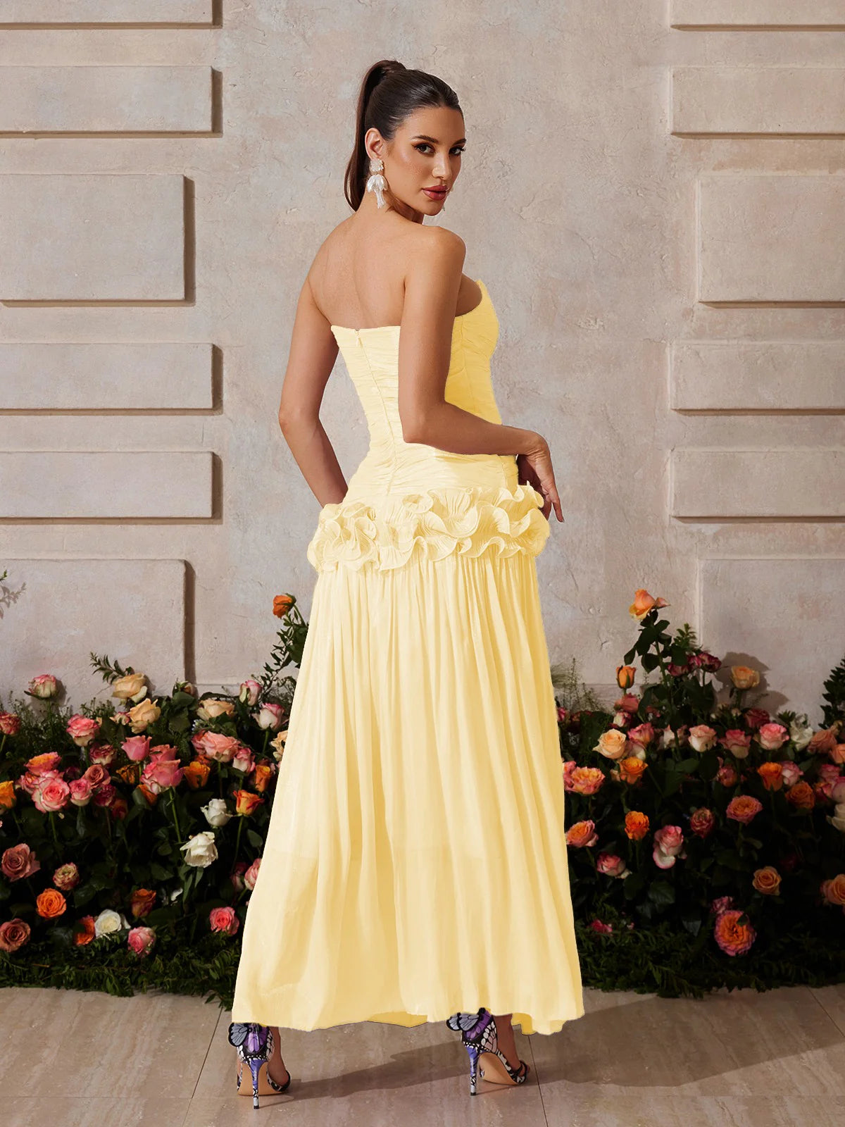 Lila Bloom Ruffle Strapless Gown