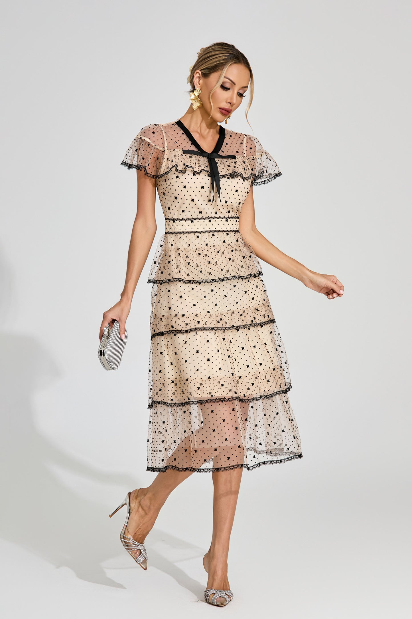 Étoile Noir Tiered Polka Dot Lace Midi Dress