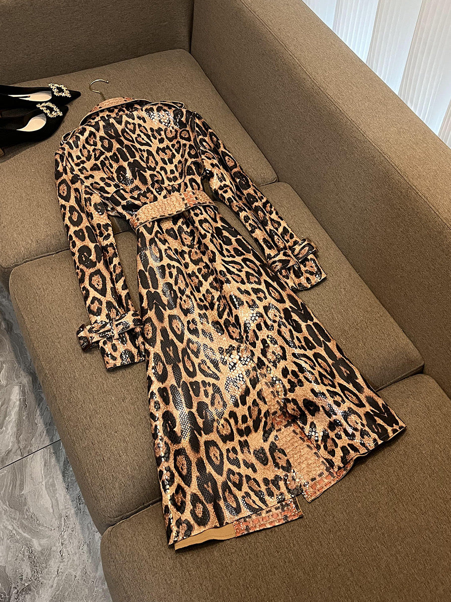Leopard leather long coat (8141436813550)