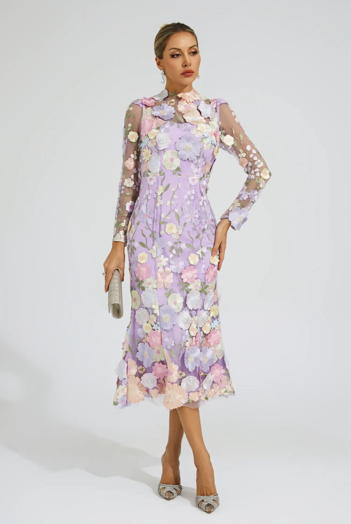 Purple flower embroidered midi dress