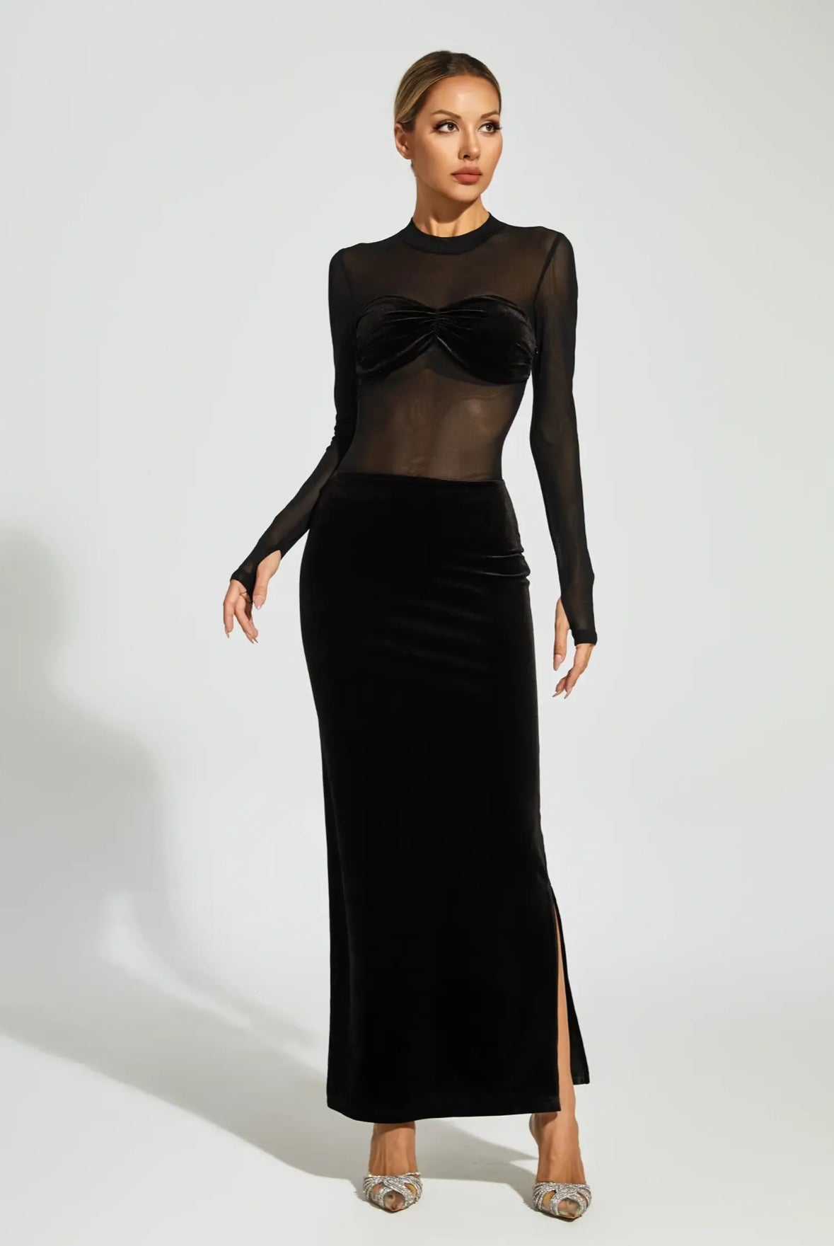Black velvet mesh maxi dress
