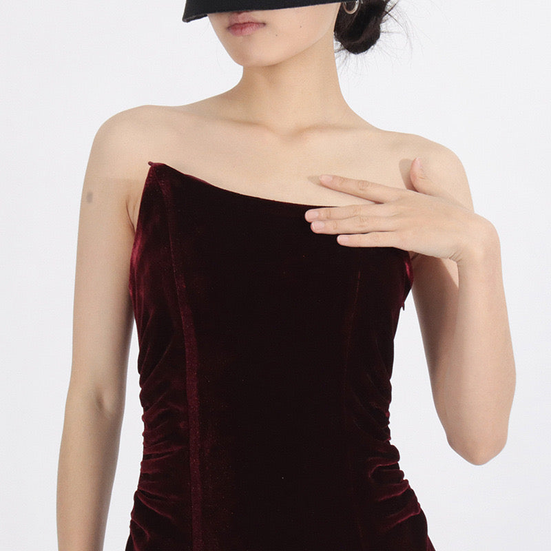 Red velvet satin maxi dress