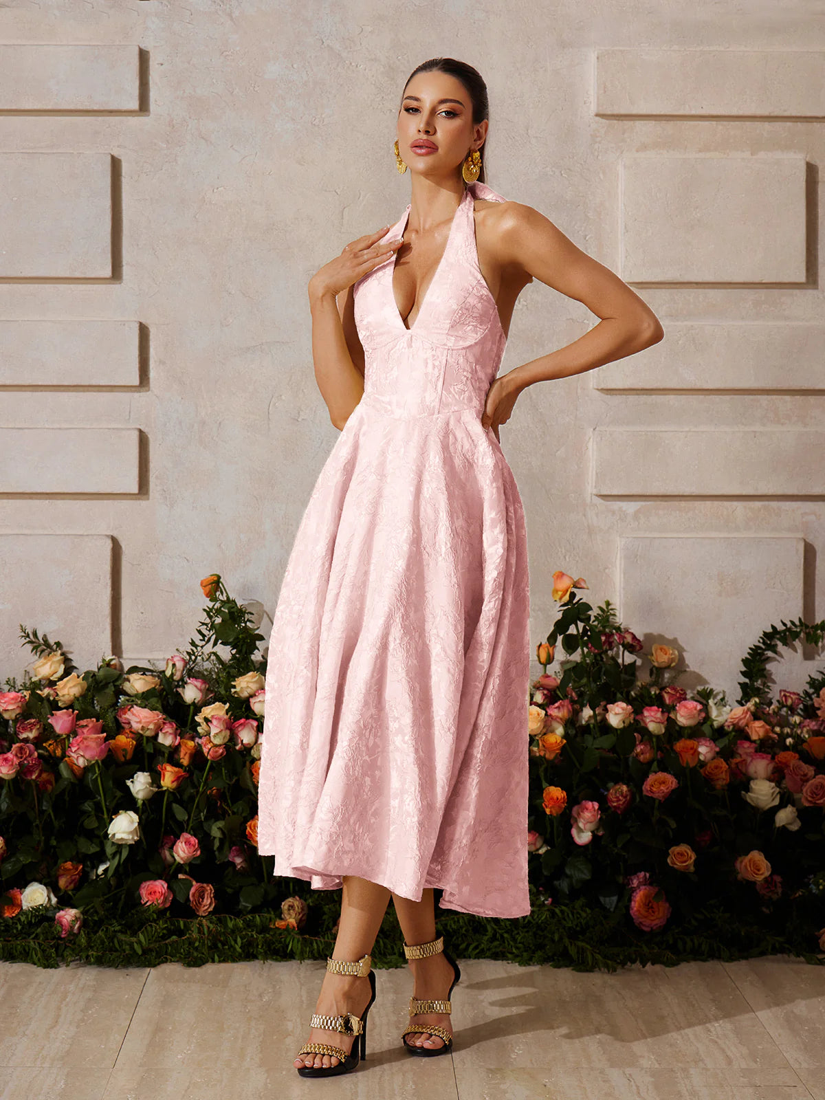 Rosalie Pink Halter Midi Dress