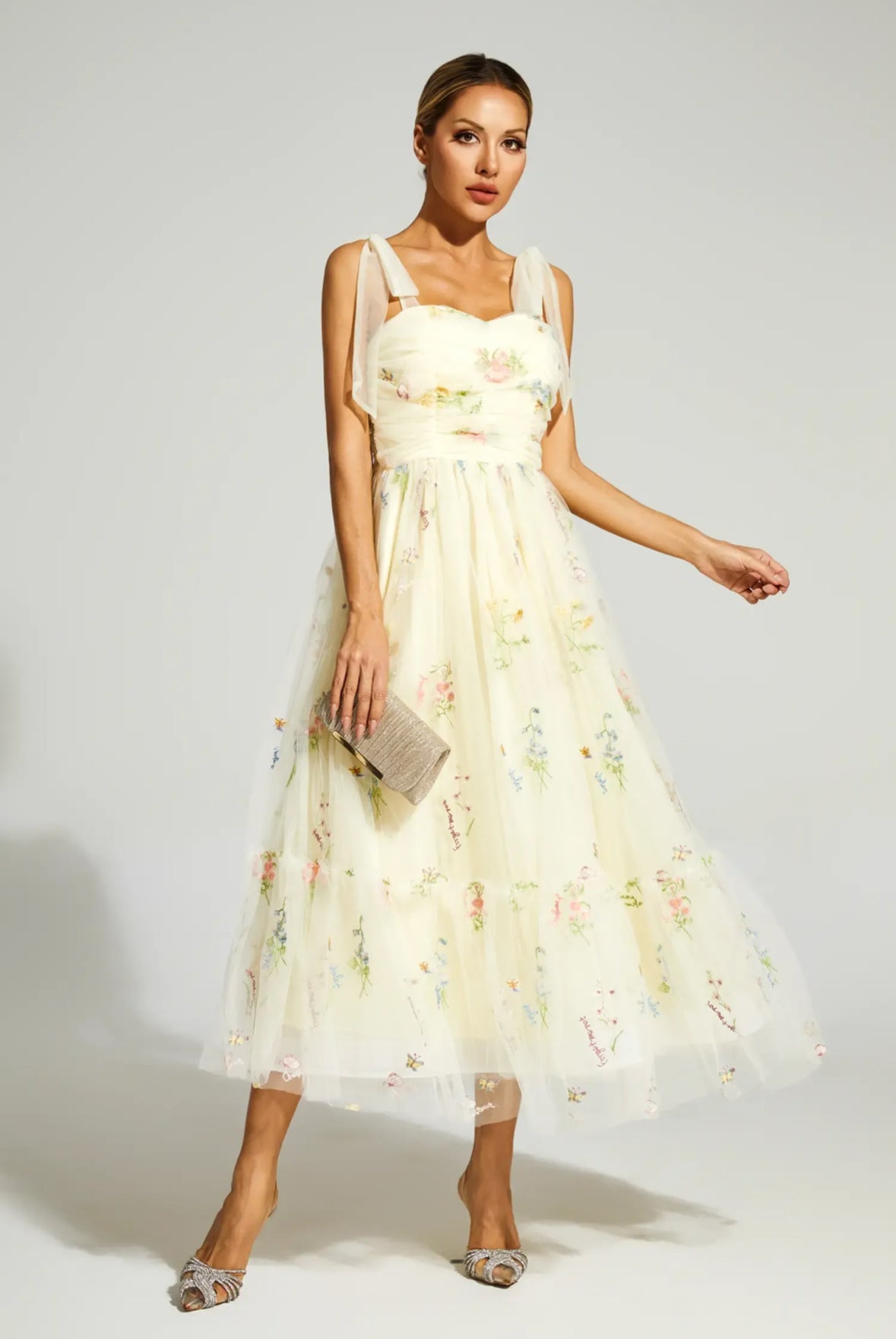 Pale yellow mesh floral midi dress