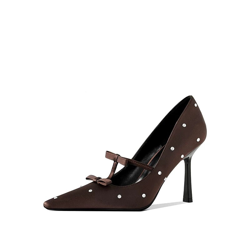 Brown Dot Bow-Accent Stiletto Pump