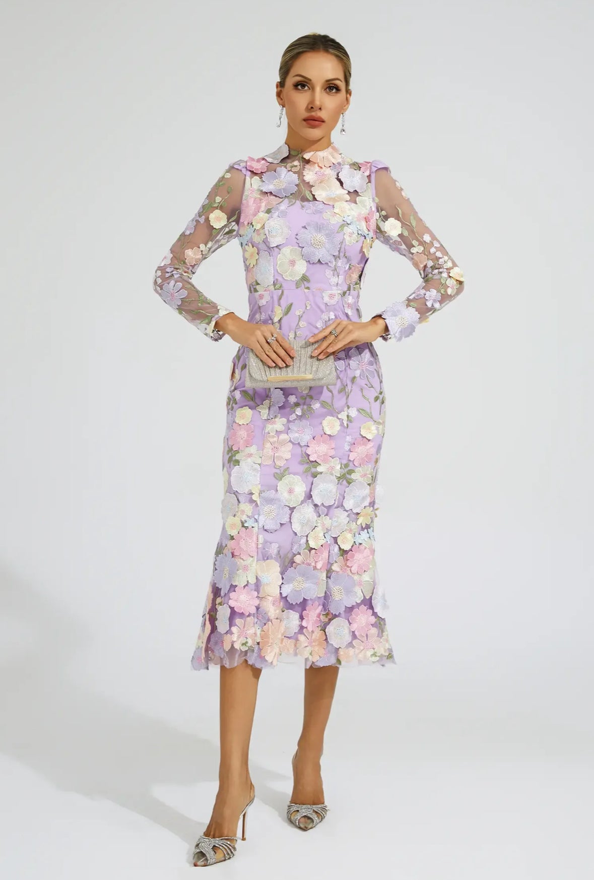 Purple flower embroidered midi dress