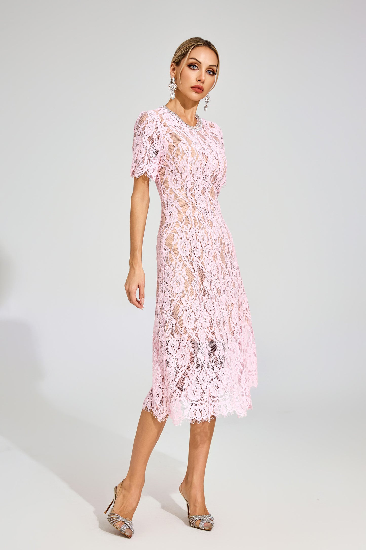 Jolie Sheer Pink Lace Midi Dress