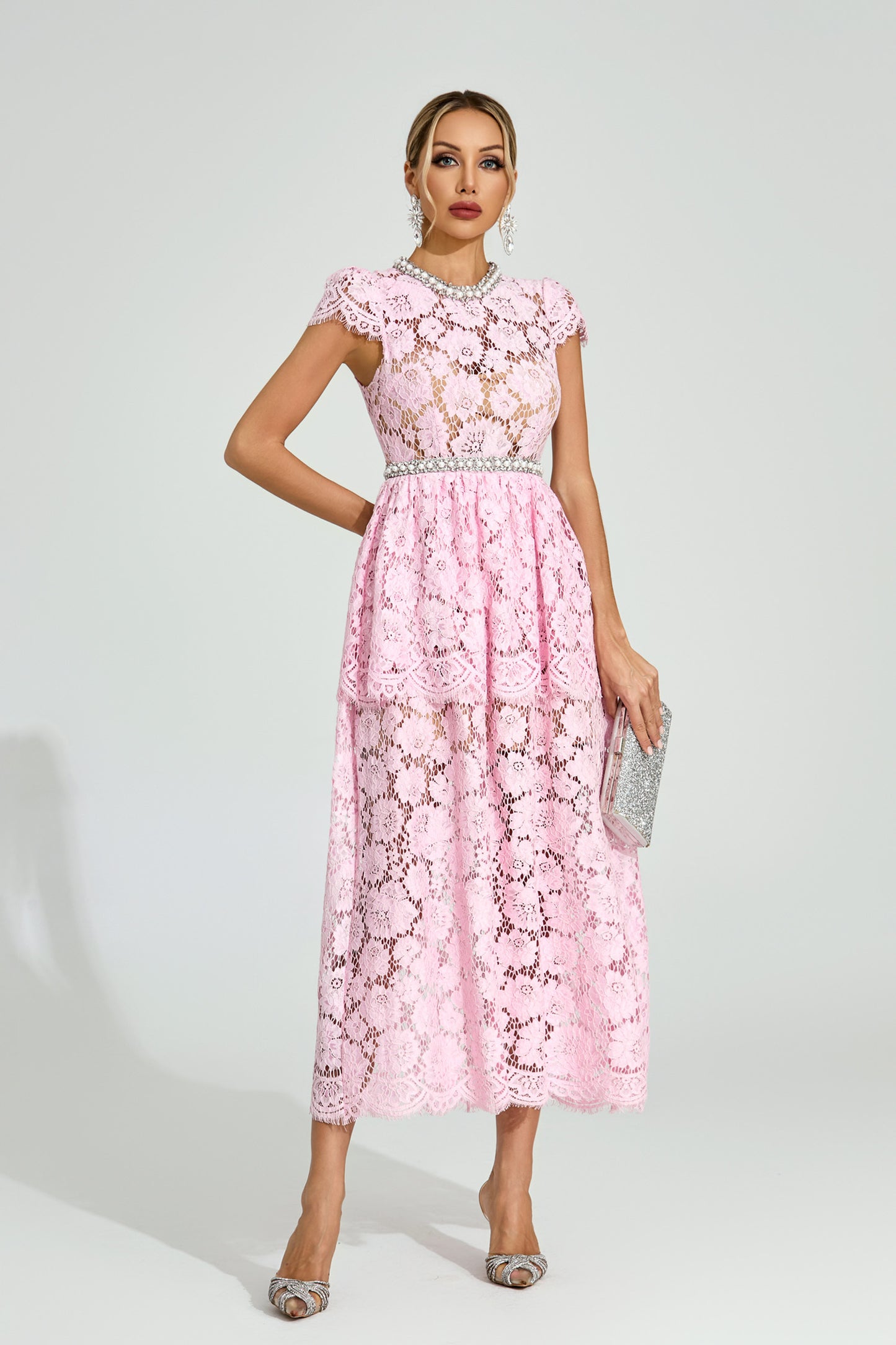 Lila Pink Lace Crystal Trim Midi Dress