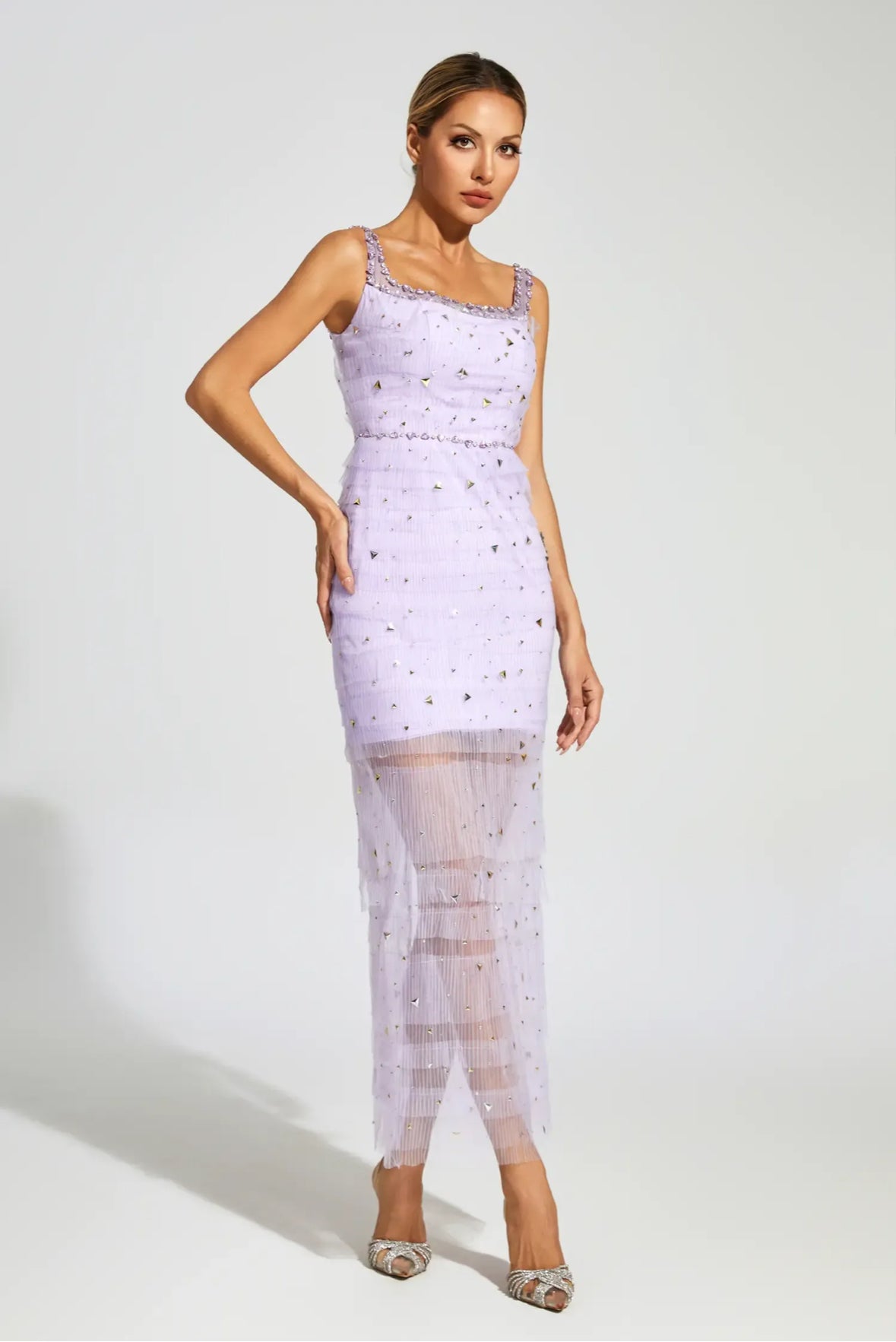 Purple mesh crystal midi dress size S