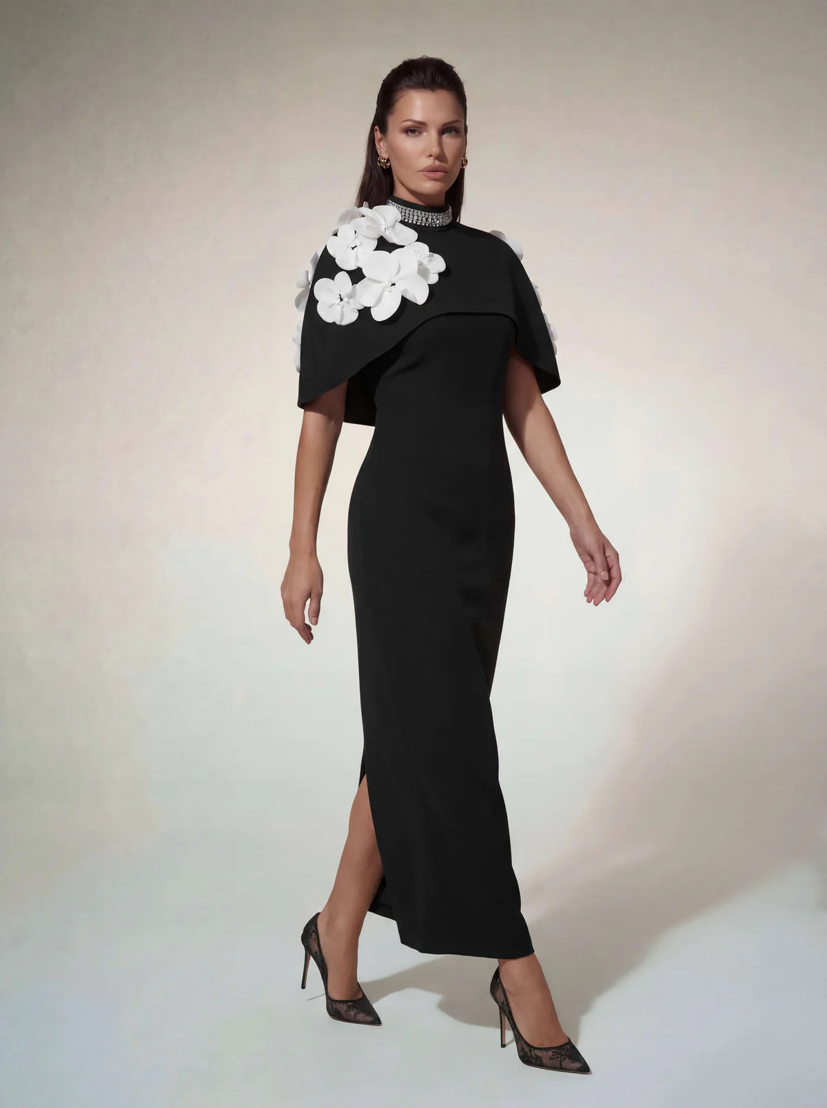 Camellia Flower Cape Maxi Dress