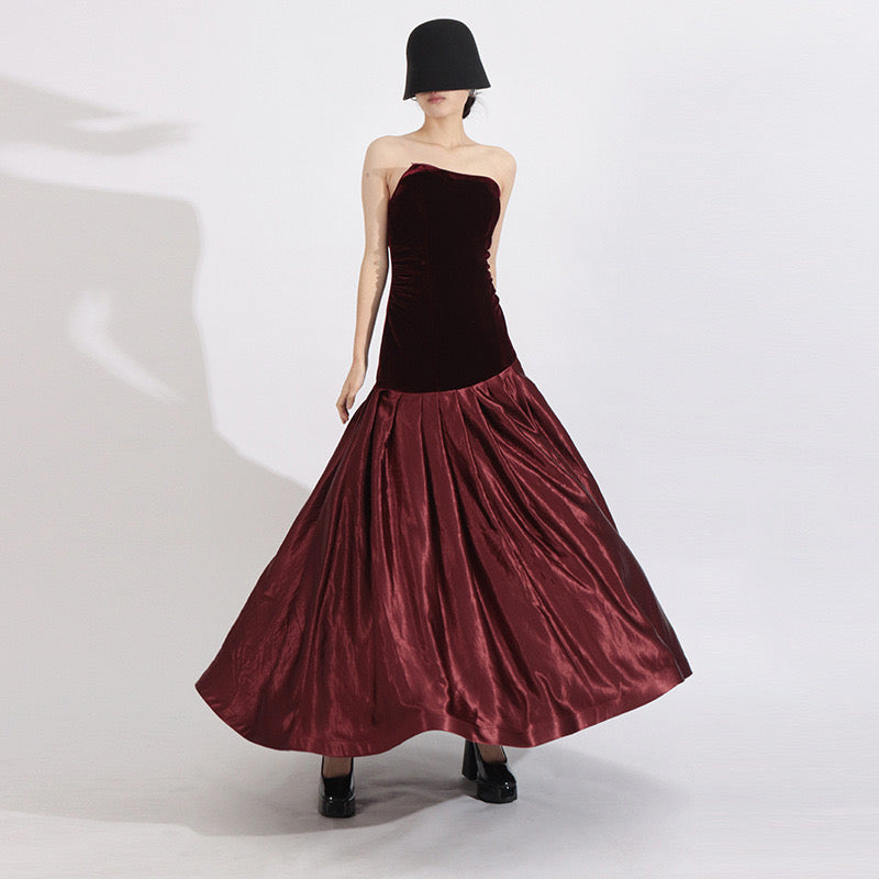 Red velvet satin maxi dress