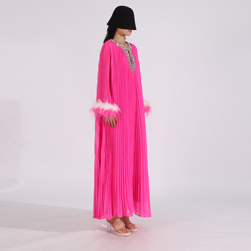 Crystal & feathers embellished pink maxi dress